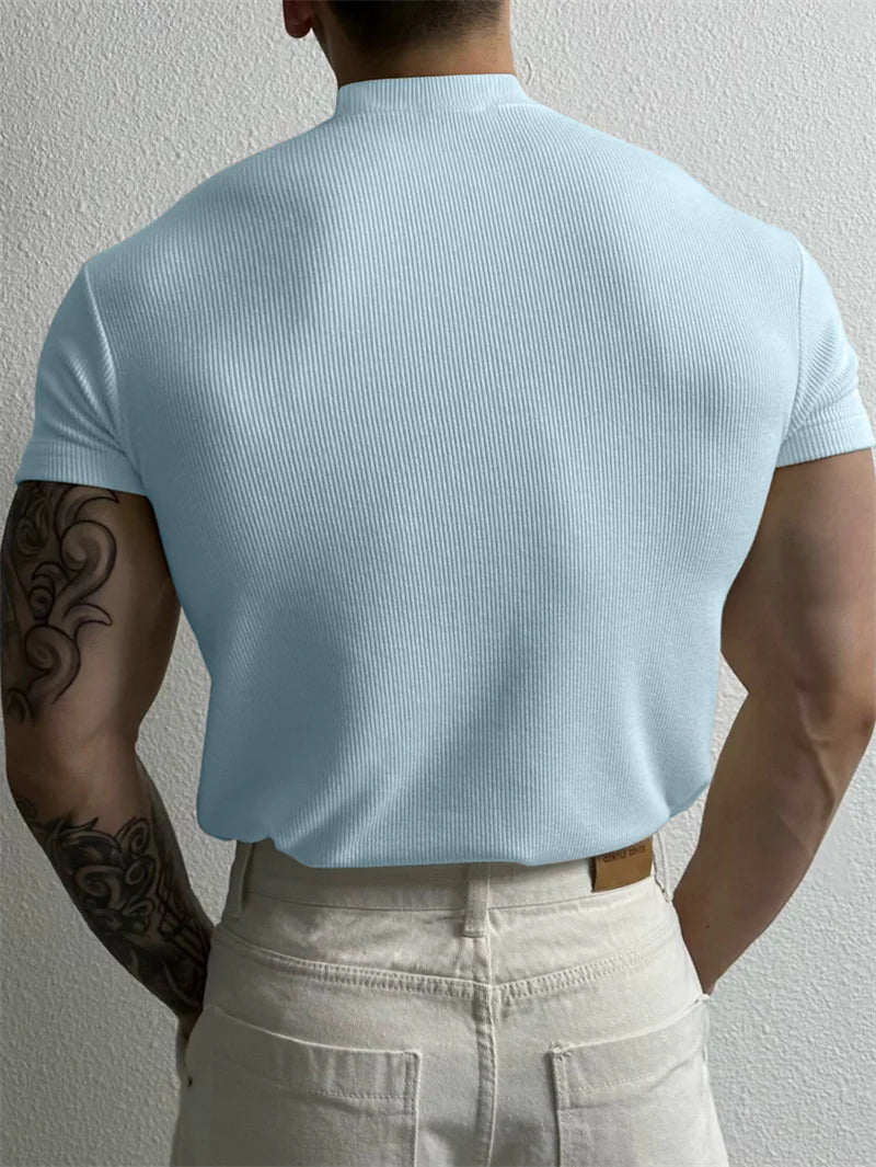Printemps été mode hommes T-shirt petit col haut chemise à rayures à manches courtes haut de fitness loisirs sport T-shirt hommes vêtements de sport