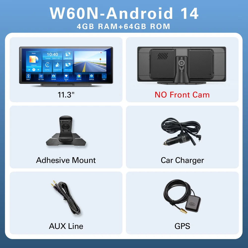 W60 11.3 ''8 Core Android 14 6 + 128GB lecteur multimédia Carplay et Android Auto 5G WiFi Google Play Youtube Netflix OTA mise à niveau
