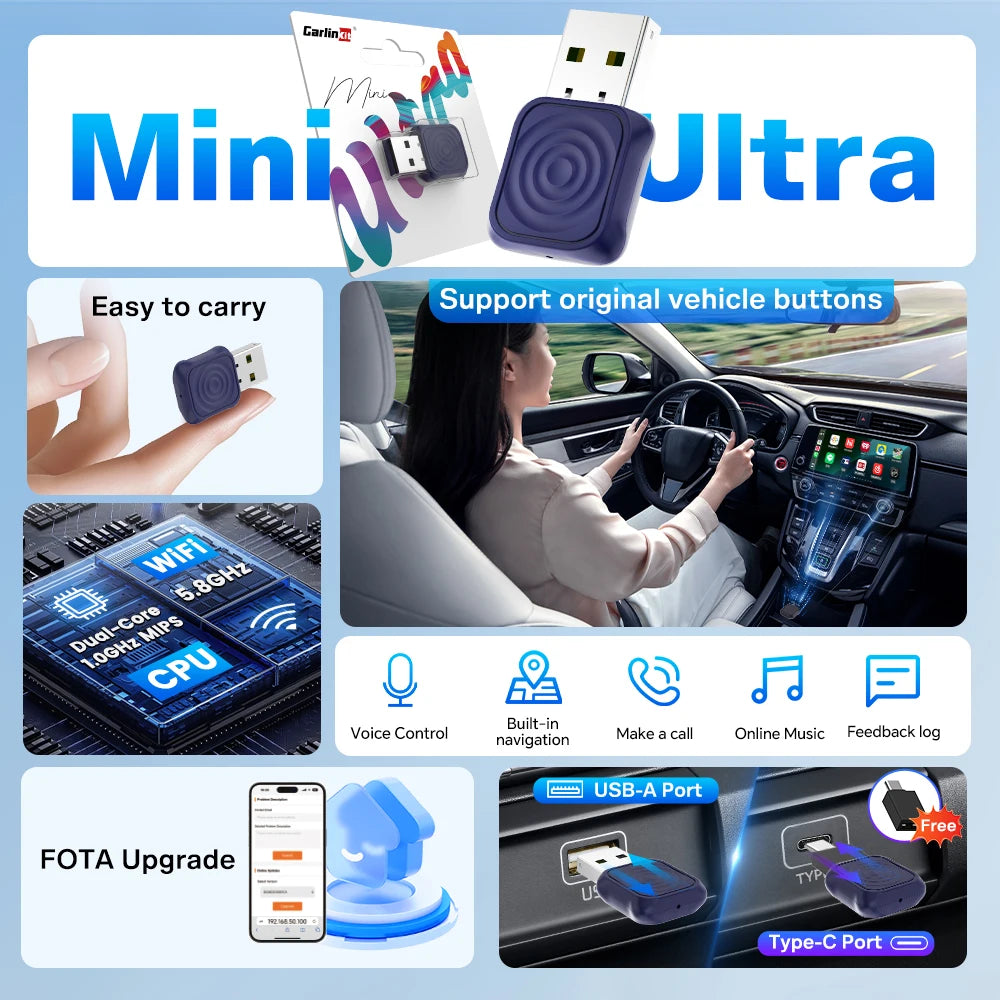 2 en 1 CarlinKit 5.0 Ultra sans fil CarPlay Android Auto adaptateur 2026 nouveau boîtier sans fil Wifi 5G pour voiture avec CarPlay filaire IOS26