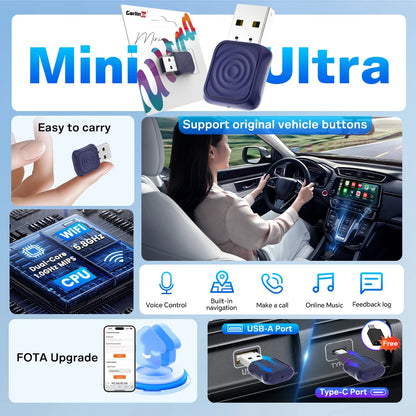 2 en 1 CarlinKit 5.0 Ultra sans fil CarPlay Android Auto adaptateur 2026 nouveau boîtier sans fil Wifi 5G pour voiture avec CarPlay filaire IOS26