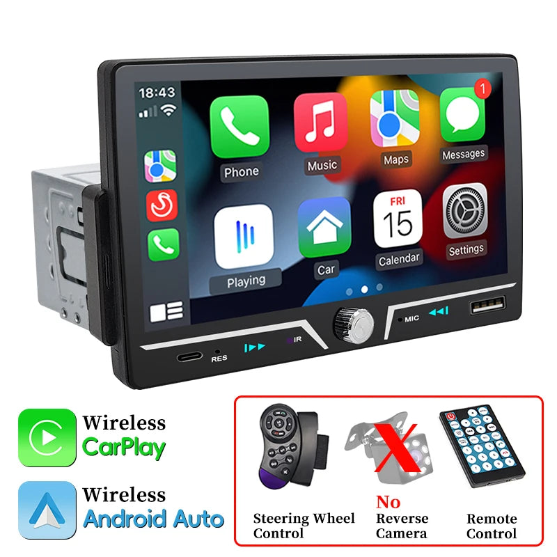 Hippcron autoradio 1 Din sans fil Android Auto Carplay MP5 stéréo 7 "écran IPS Bluetooth lien miroir type-c charge universelle