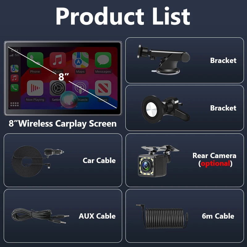 Écran de voiture rotatif Portable universel de 8 pouces, sans fil, Carplay, Android Auto et WIFI, lien miroir, caméra arrière de stationnement, stéréo AUX