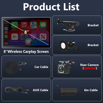 Écran de voiture rotatif Portable universel de 8 pouces, sans fil, Carplay, Android Auto et WIFI, lien miroir, caméra arrière de stationnement, stéréo AUX
