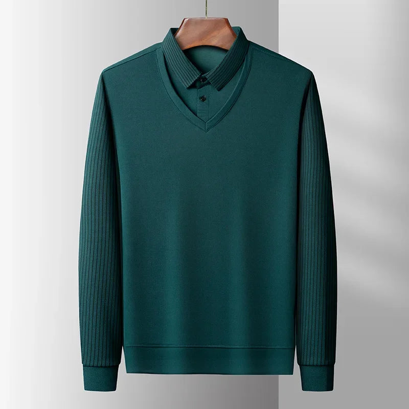 Polo à manches longues pour hommes, décontracté et à la mode, couleur unie, faux deux pièces, Business, toutes saisons, haut polyvalent, nouvelle collection 2025