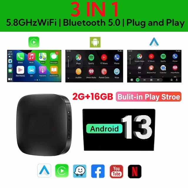 2026 Android 3In1 CarPlay Ai Box sans fil Android Auto USB adaptateur pour Youtube Netflix universel TV Box Plug and Play voiture jouer
