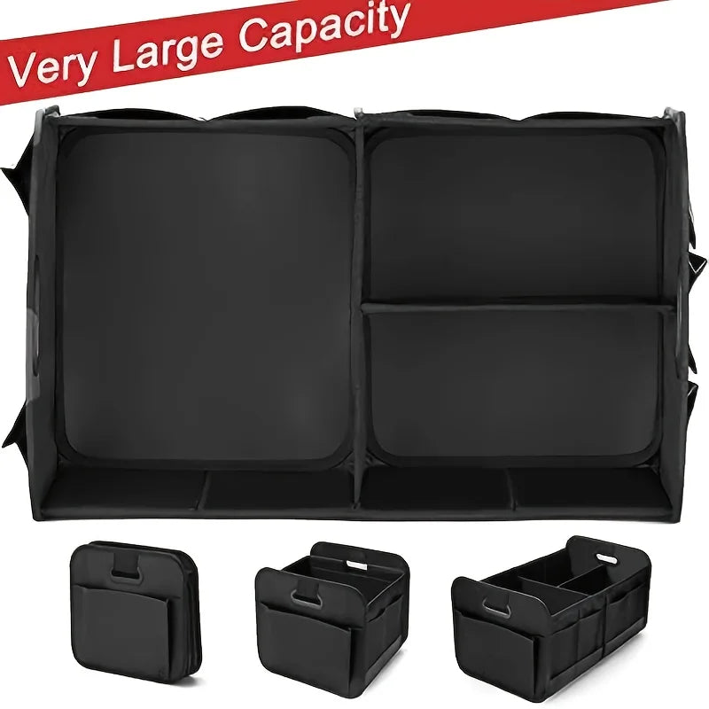 Organisateur de coffre de voiture pliable Oxford 600D avec poignées renforcées et multi-compartiments. Convient à toutes les voitures, SUV, fourgonnettes.