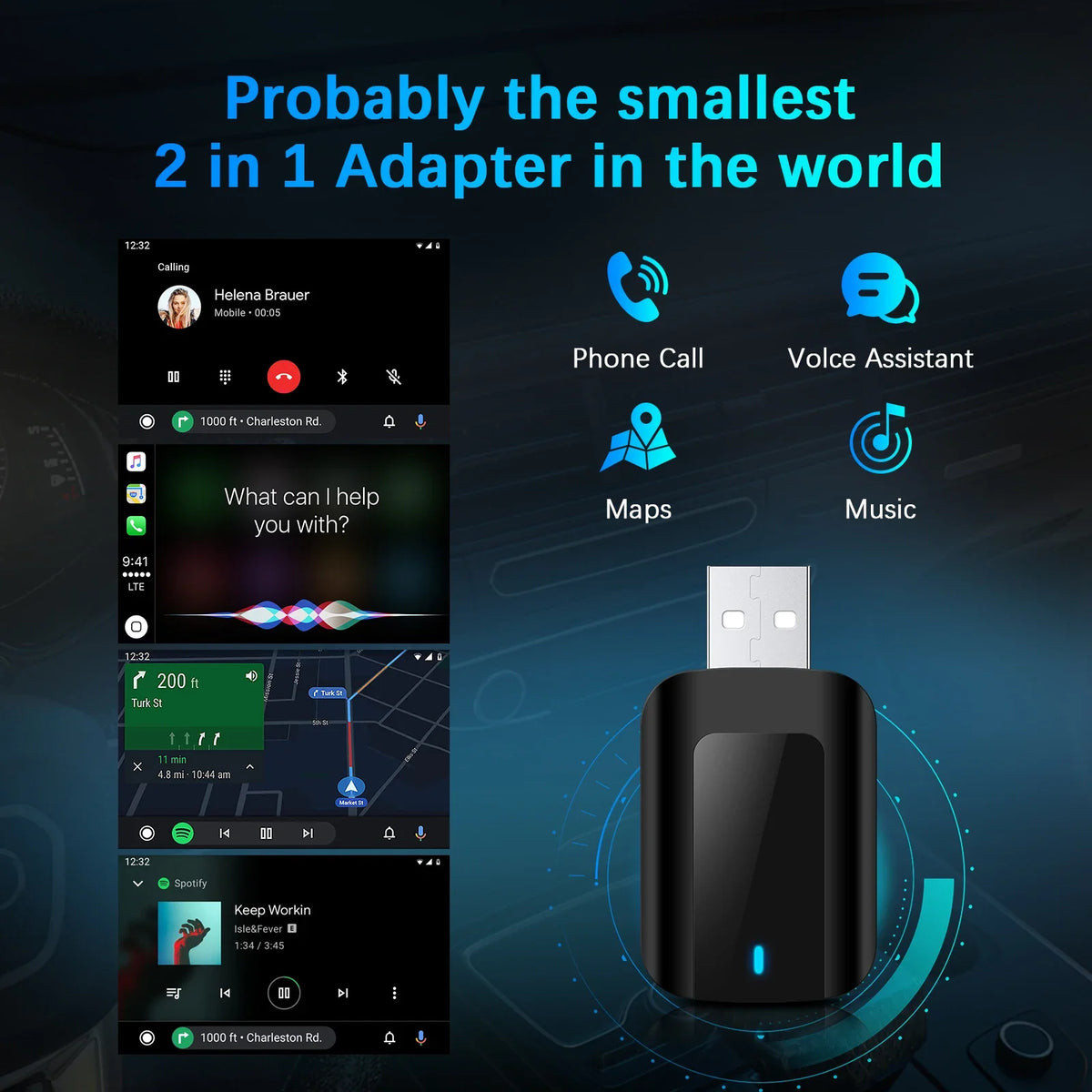 Mini adaptateur CarPlay Android Auto sans fil 2 en 1, avec WiFi 5G BT5.0, Plug and Play, pour voiture filaire en usine, conception compacte, nouveauté 2026