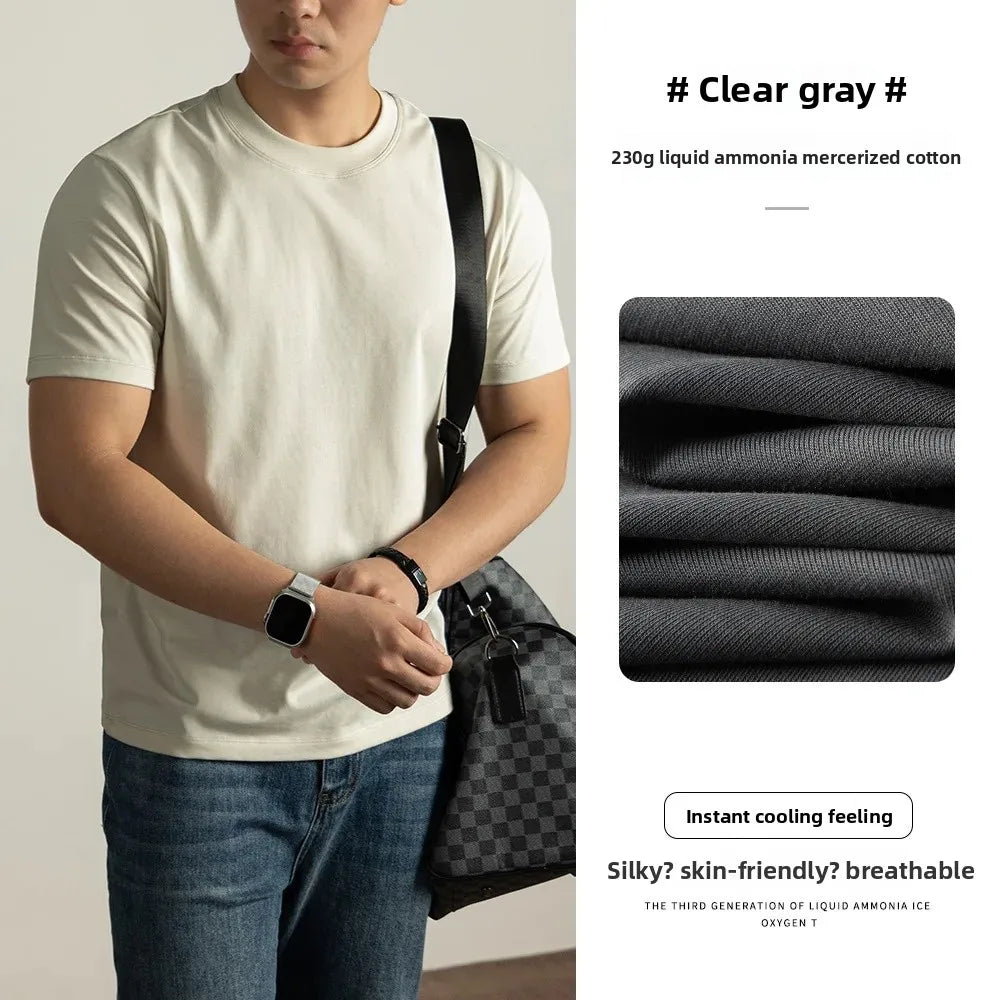 Haut de gamme lourd ammoniaque liquide brillant coton hommes à manches courtes T-Shirt été coupe ample respirant haut décontracté