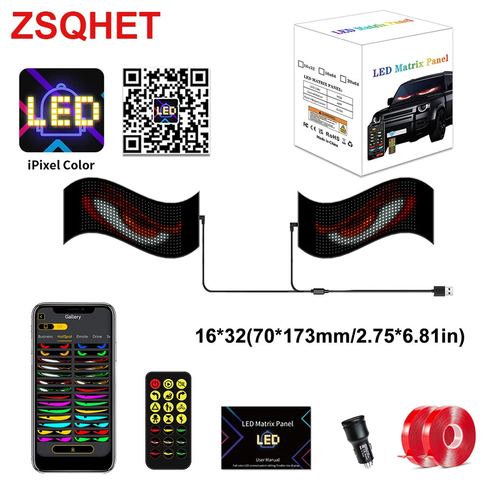 Écran LED Flexible pour Voiture pour Camion Yeux Panneau Pixel Matrice LED RGB Panneau d'Affichage pour Voiture Animation Télécommande Affichage Flexible Lumière USB 5V Prend en Charge le Français/Espagnol/Portugais