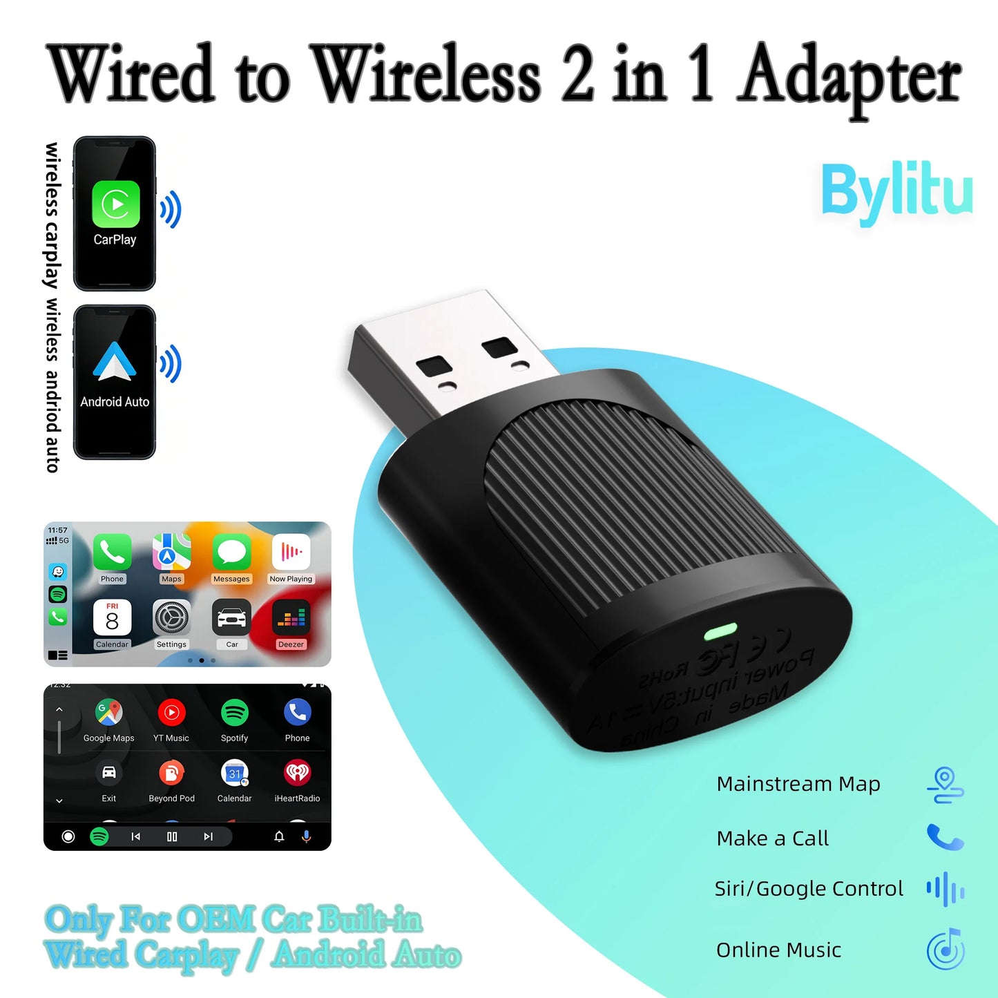 Adaptateur CarPlay Android Auto sans fil BYLITU Mini U8 convertit CarPlay filaire en sans fil Compatible avec la plupart des voitures Plug & Play
