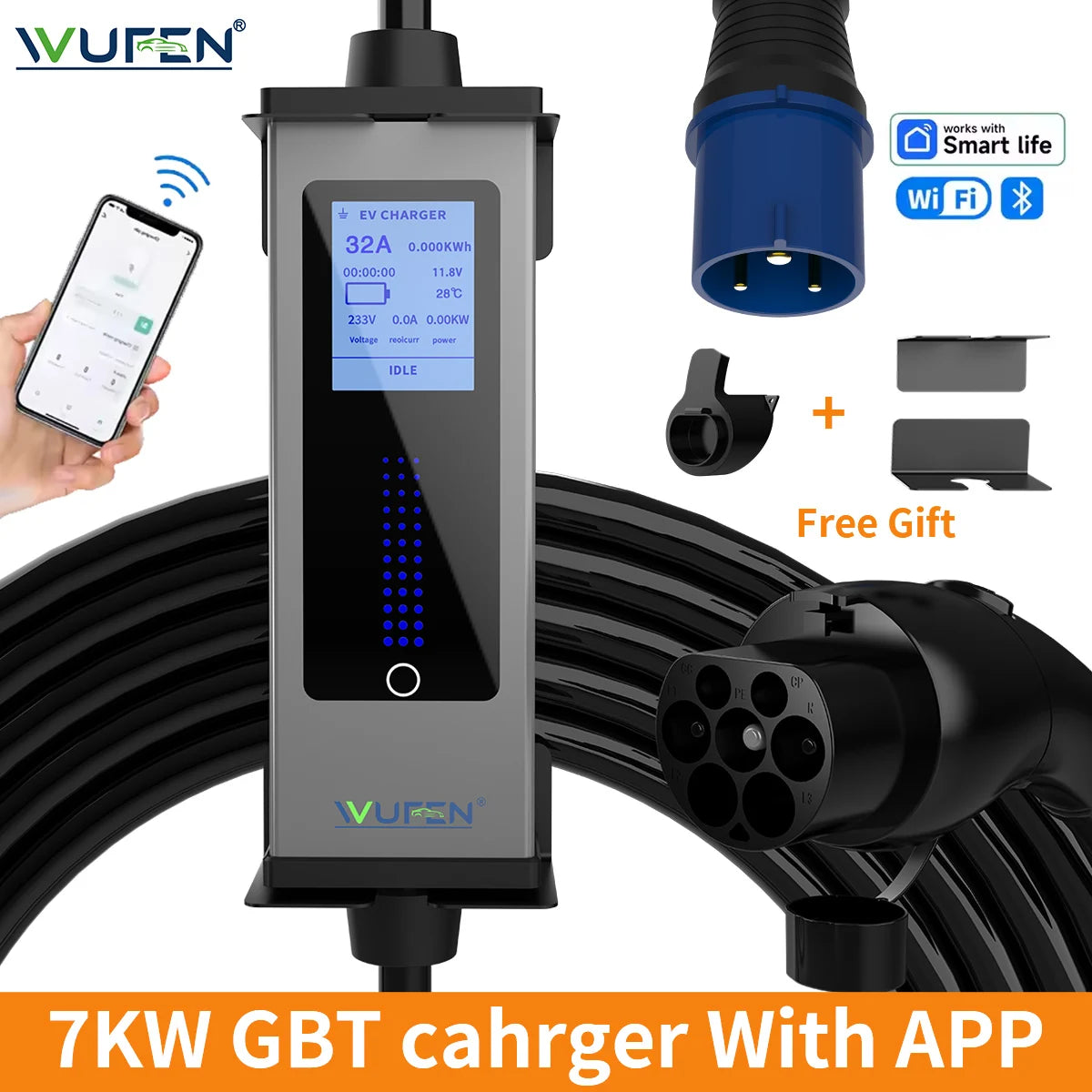 WUFEN GBT 32A 7KW chargeur EV Portable GBT chargeur de véhicule électrique avec support GB/T câble de chargement Wi-Fi Bluetooth APP contrôle