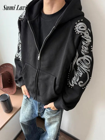 Nouveauté Printemps 2026 : Sweat à capuche décontracté pour homme, à manches longues, zippé, avec lettres imprimées et rivets, coupe ample et tendance