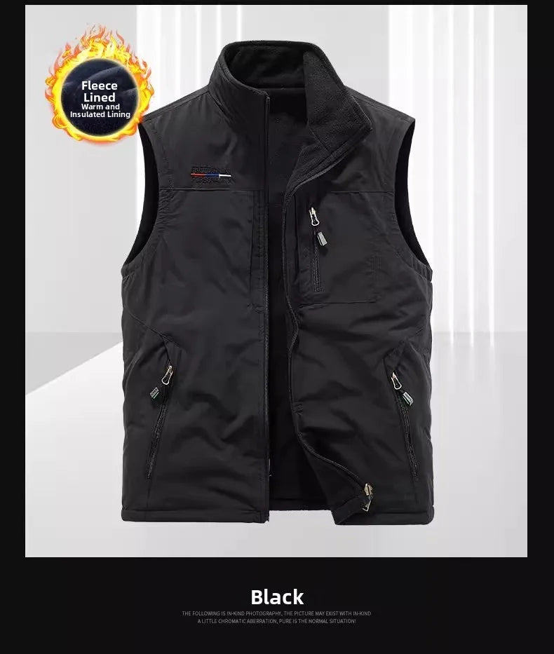Gilet de sport d'extérieur en polaire épaisse pour homme, réversible, décontracté, coupe ample, fermeture éclair, couleur unie, automne-hiver