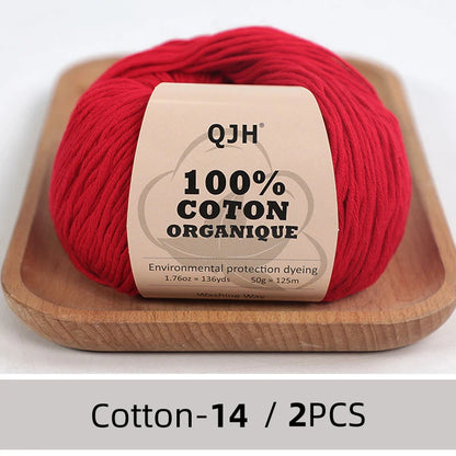 QJH Fil 100% coton biologique, fil pour tricoter, crochet et artisanat, paquet de 2 - 1,76 oz/136 mètres/1 pièce, léger, Dk