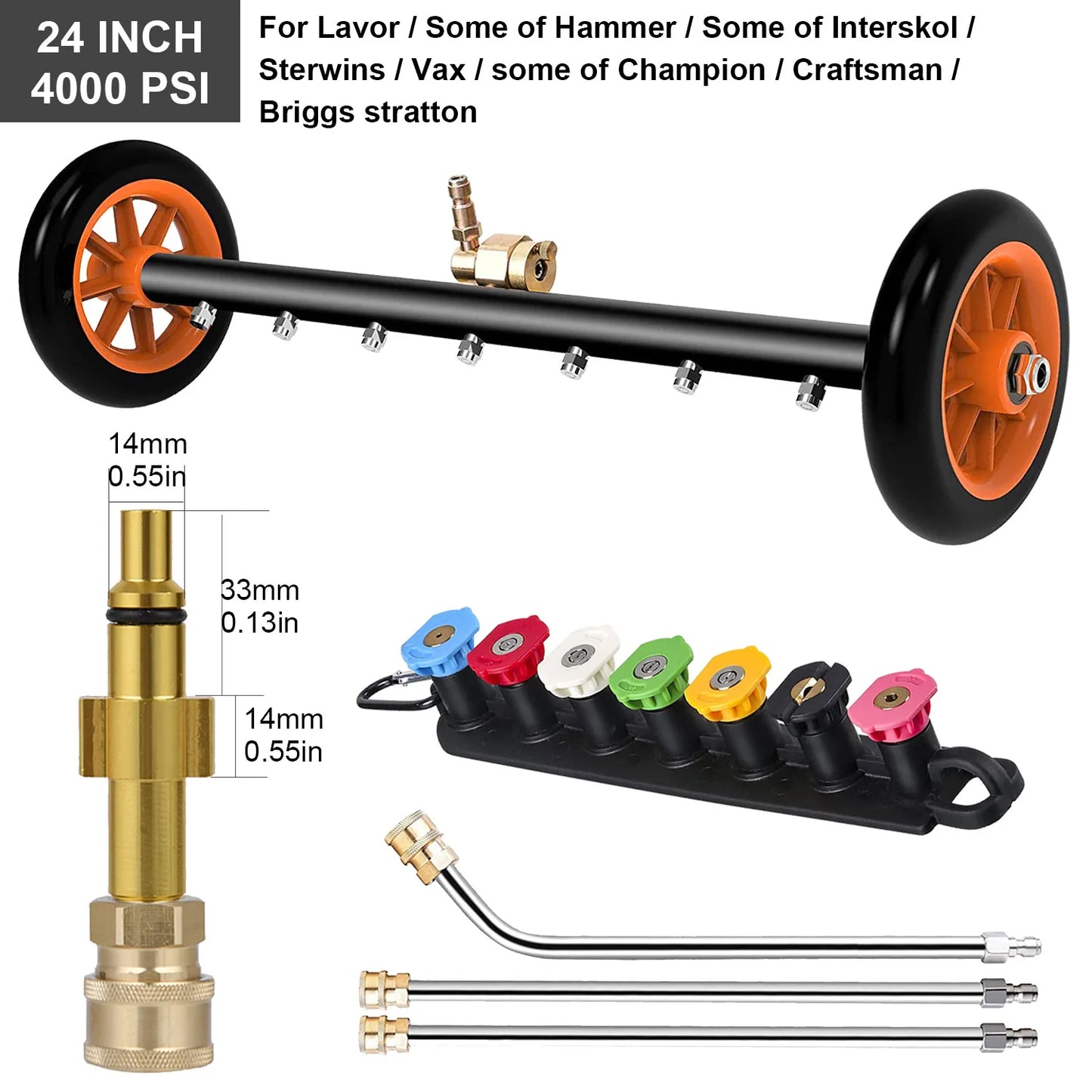Nettoyeur de surface sous châssis de 24 pouces pour nettoyeur haute pression, balai à eau pour lavage de châssis de voiture, connecteur rapide 1/4 pouce, compatible Karcher Sun Joe