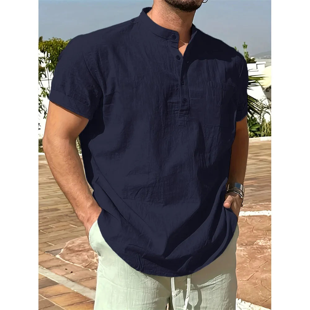 T-shirt col Henley pour hommes, en coton et lin, décontracté, respirant, léger, couleur unie, avec poches, à la mode, offre spéciale d'été