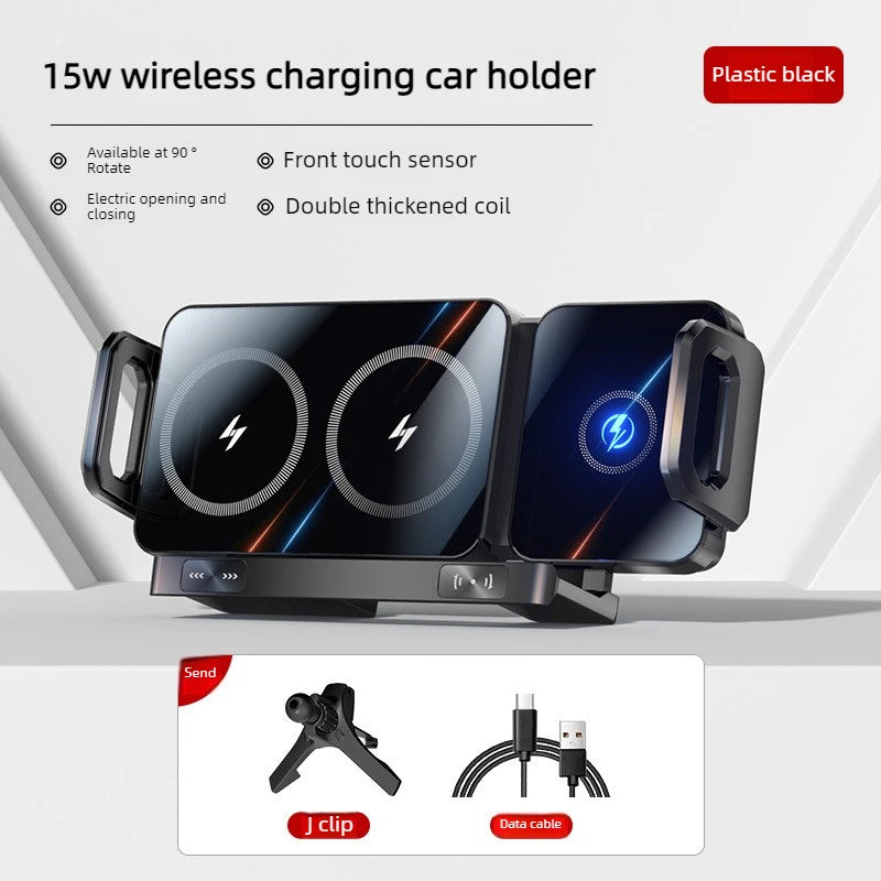 Support de téléphone de voiture pliable à double bobine universel, chargeur sans fil, charge rapide, support pour Samsung, iPhone, Xiaomi, accessoires automobiles