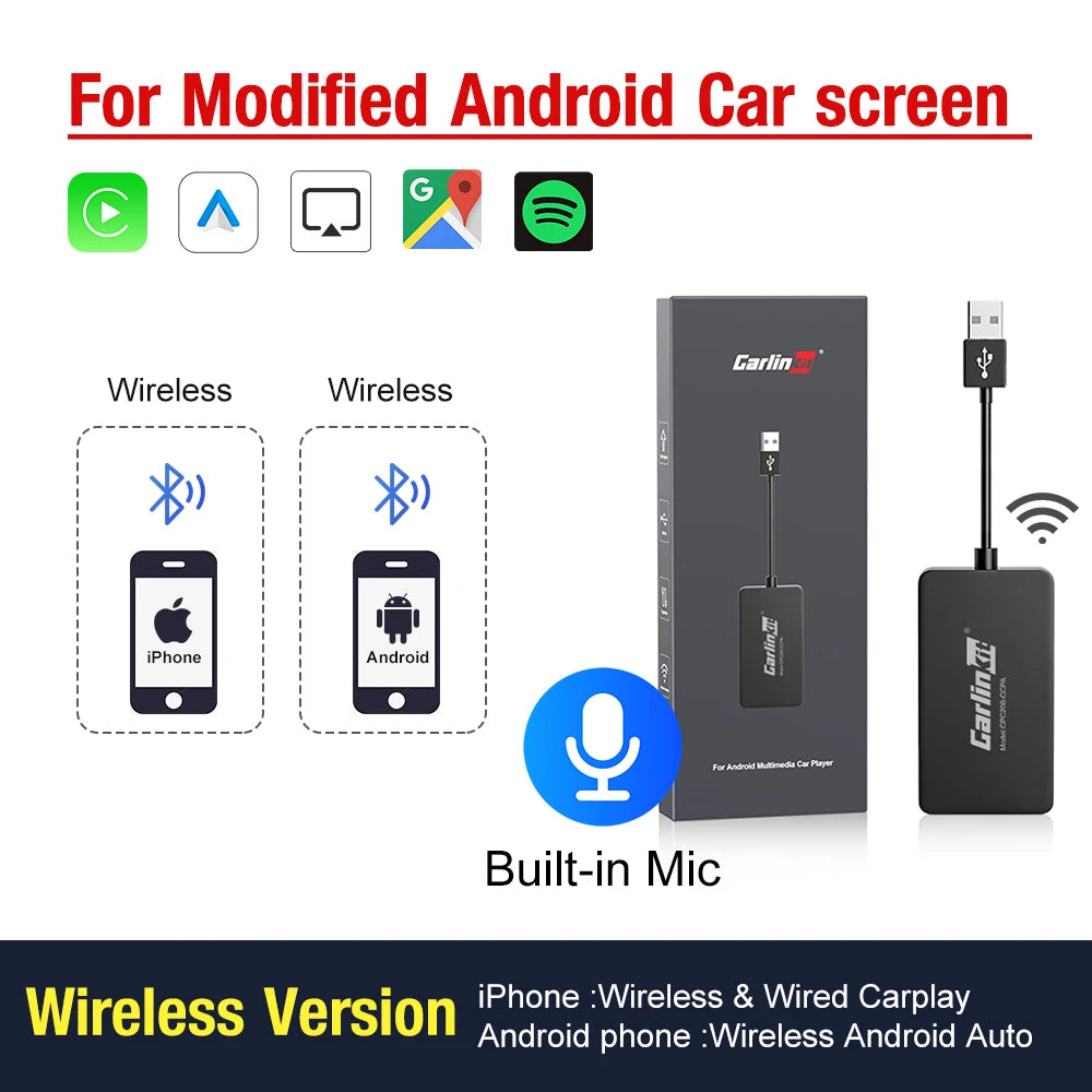 CarlinKit Wred & Wireless Android Auto & CarPlay Dongle adaptateur USB de voiture pour le marché secondaire Android autoradio Mirrorlink Split Sceen