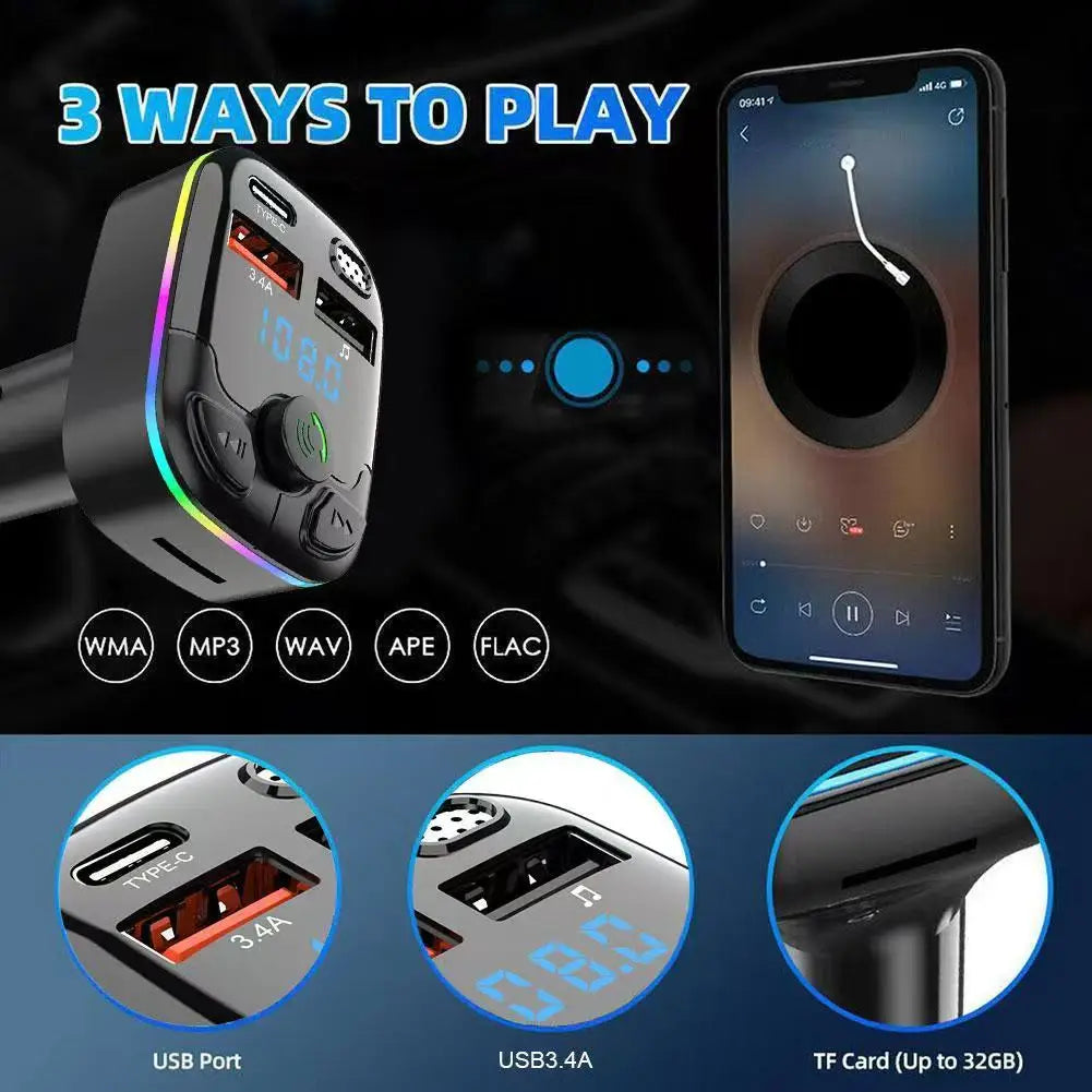 Chargeur de voiture transmetteur FM Bluetooth 5.0 PD type-c double USB lecteur ambiant mains libres chargeur MP3 type-c lumière sans fil