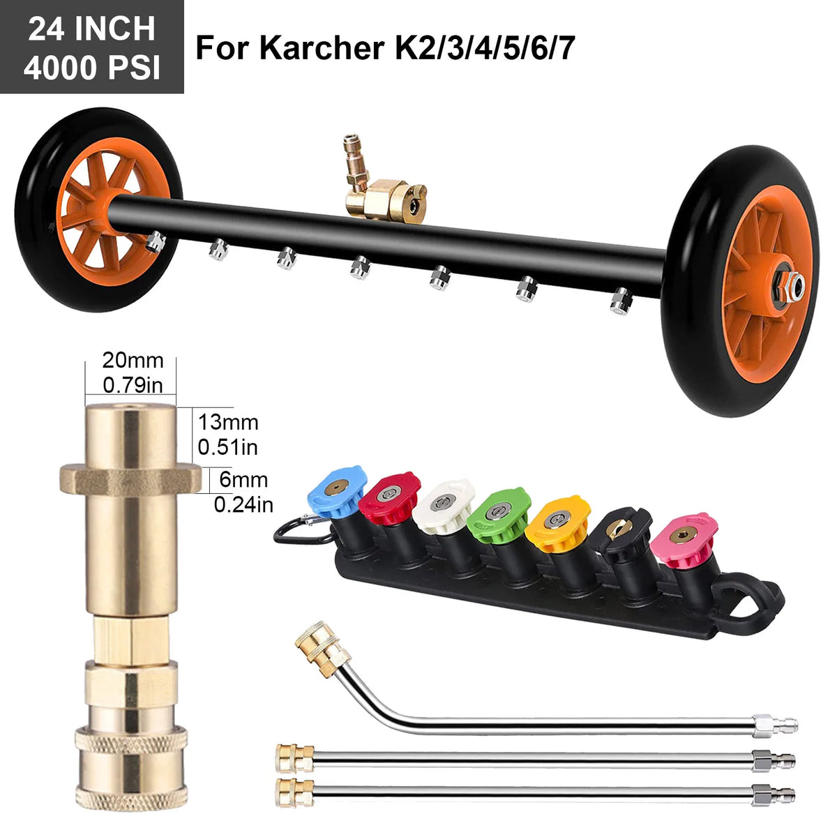 Nettoyeur de surface sous châssis de 24 pouces pour nettoyeur haute pression, balai à eau pour lavage de châssis de voiture, connecteur rapide 1/4 pouce, compatible Karcher Sun Joe
