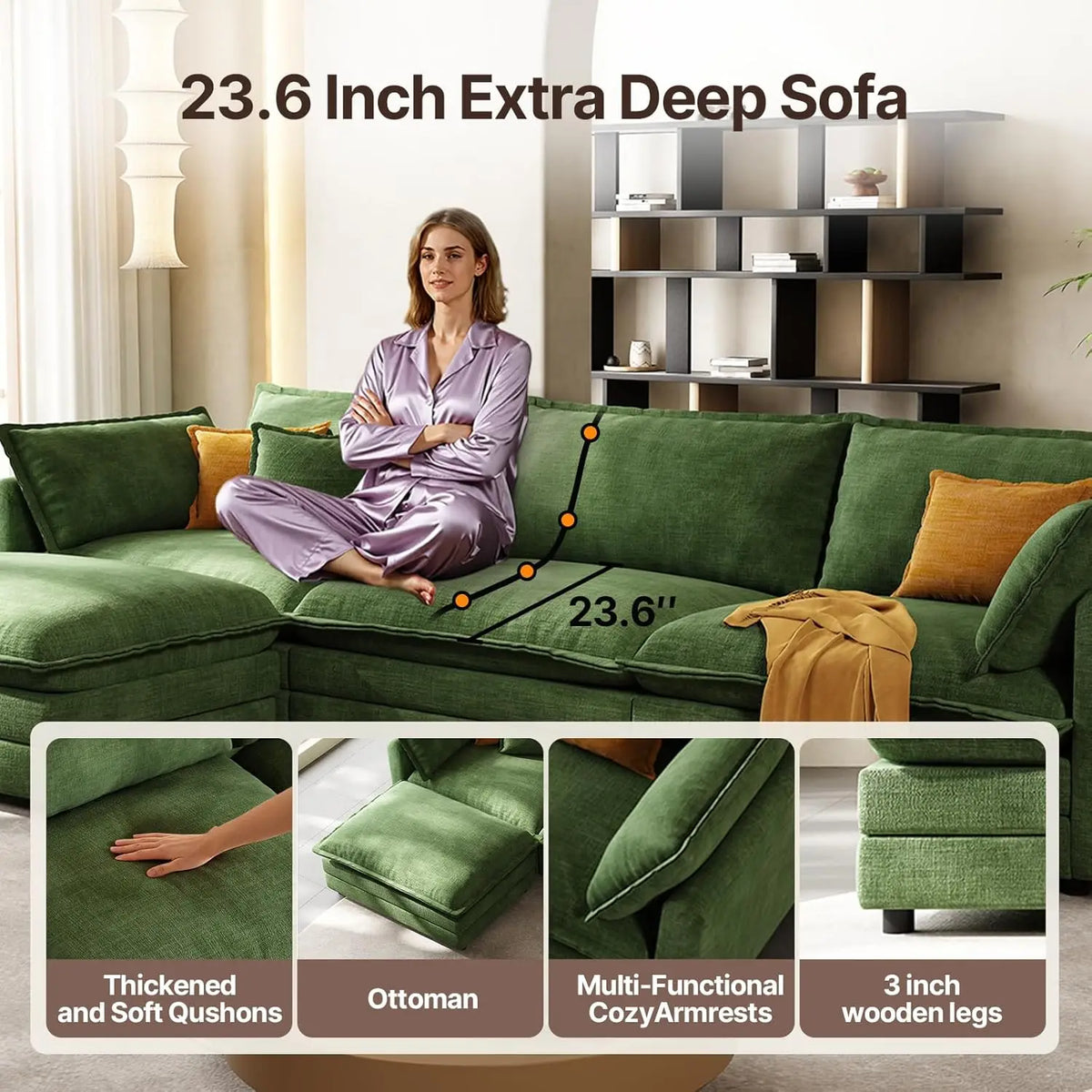 Canapé modulaire sectionnel de 102 pouces - Canapé nuage vert avec ottoman mobile, meubles de salon en forme de L, design moderne personnalisé