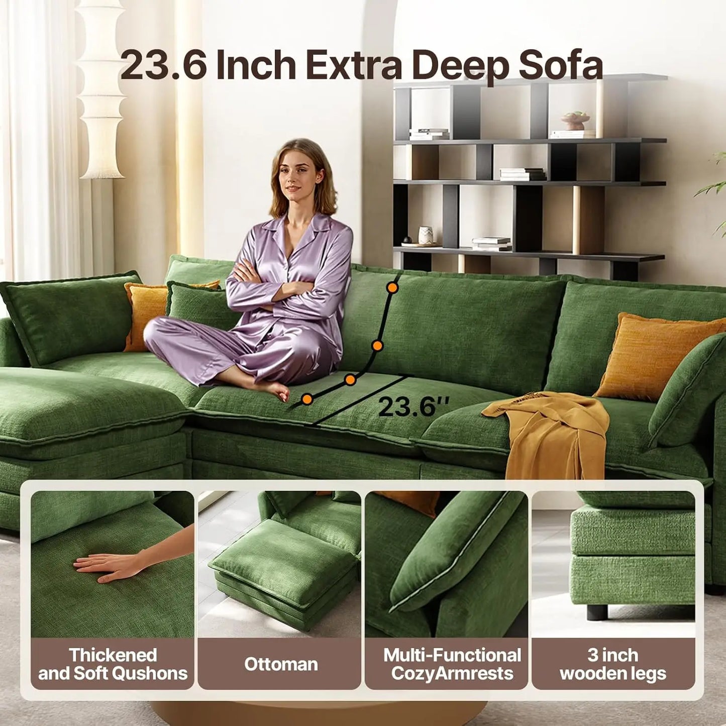 Canapé modulaire sectionnel de 102 pouces - Canapé nuage vert avec ottoman mobile, meubles de salon en forme de L, design moderne personnalisé
