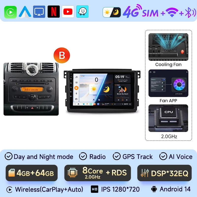 JIUYIN-Autoradio TS18 AI Voice Wireless CarPlay Android Auto Radio pour Smart Fortwo 451, 2005-2010, 4G, GPS, 2Din, Limitation de la voiture