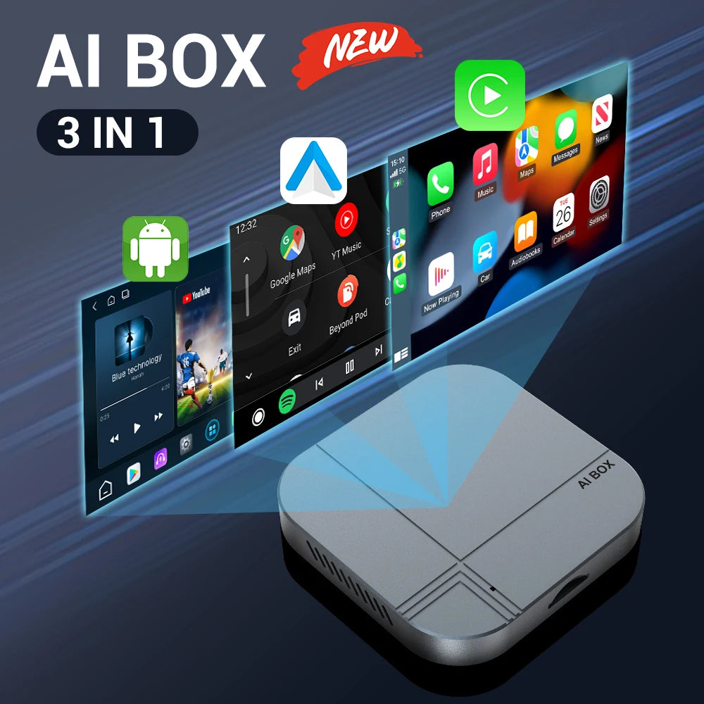 2026 3 en 1 Android 12 CarPlay Smart Ai Box 4 + 32G 2 + 16G adaptateur de voiture Android sans fil Plug & Play boîte de télévision de voiture pour YouTube Netflix