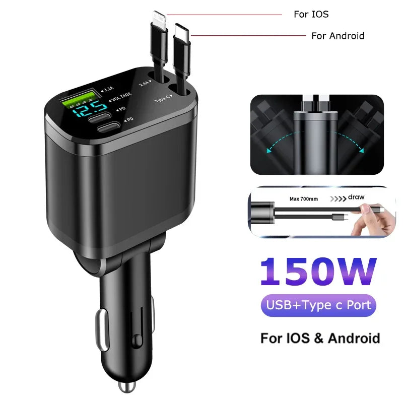 Chargeur de voiture 5 en 1 150W, affichage de la tension PD30W, charge Super rapide 22.5W avec câble rétractable pour IPhone Xiaomi Samsung