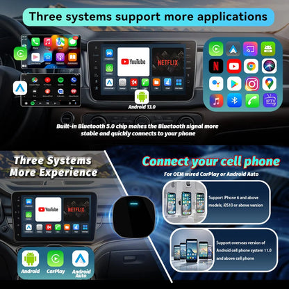Adaptateur sans fil Android Auto Apple CarPlay double WiFi Plug And Play, boîtier intelligent AI avec Youtube Netflix IPTV TikTok, 2026
