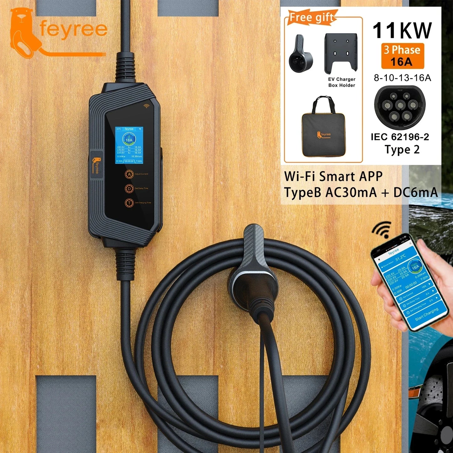 شاحن سيارة كهربائية محمول Feyree Type2 11KW 16A 3 مراحل مع التحكم في تطبيق Wi-Fi صندوق شحن EVSE مقبس CEE للمركبات الكهربائية