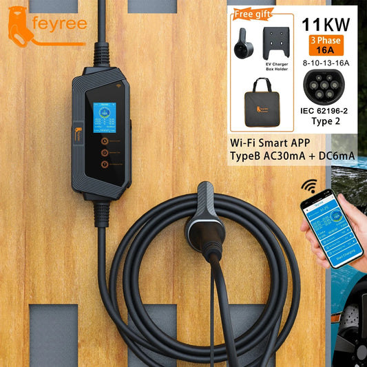 Feyree Type2 11KW 16A 3 phases Portable EV chargeur de voiture Wi-Fi APP contrôle EVSE boîte de charge prise CEE pour véhicule électrique