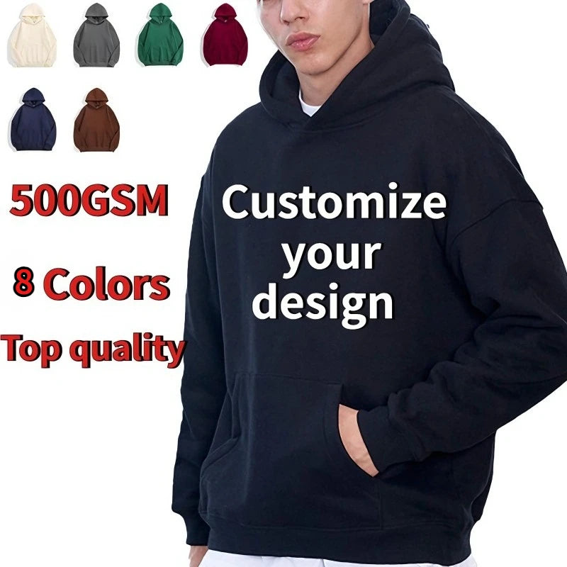 Sweat à capuche épais en coton épais pour homme, personnalisé avec Logo de votre marque, couleur unie, haute qualité, 500GSM, imprimé à faire soi-même, hiver