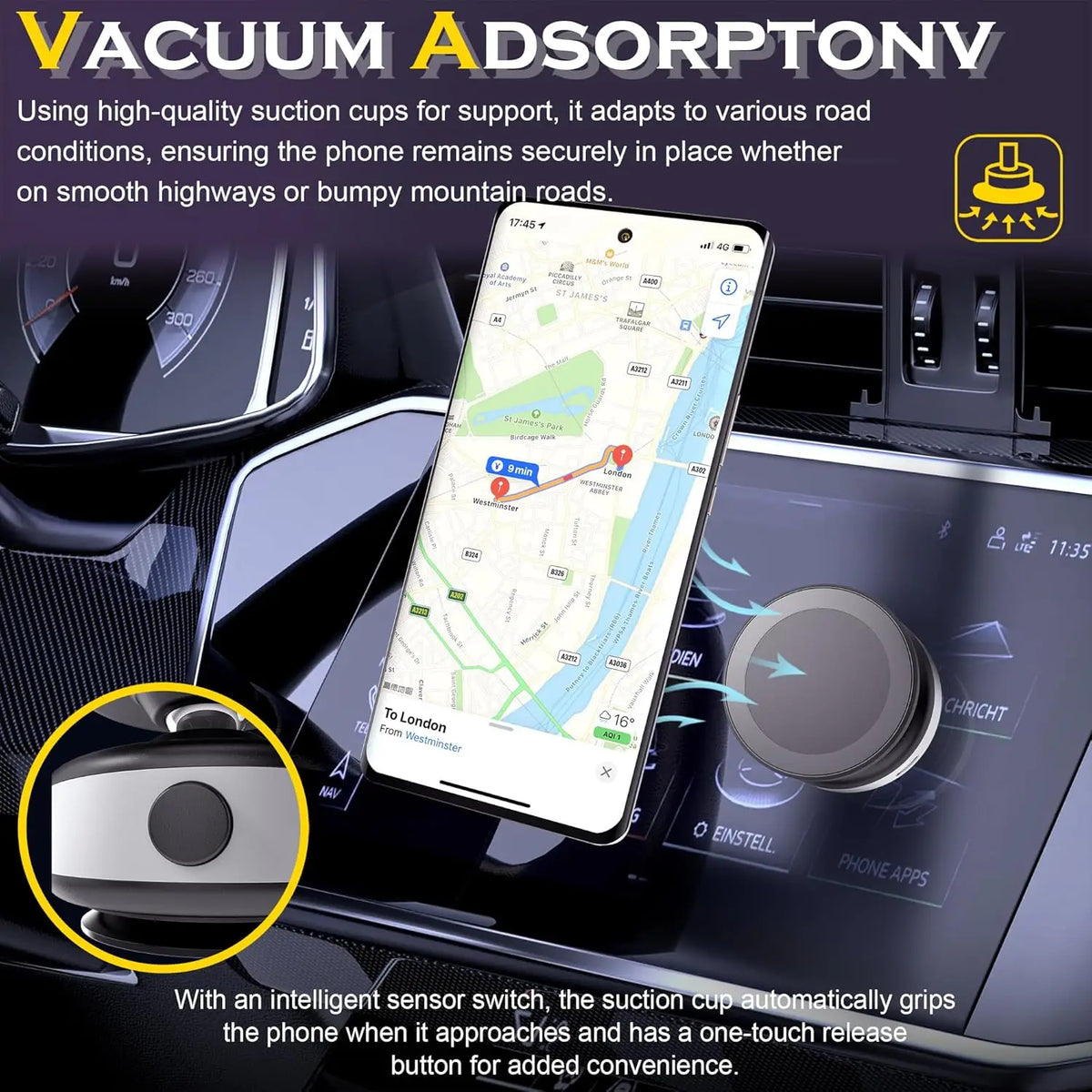 Support de voiture magnétique sous vide électrique pour téléphone portable 360 °   Rotation Forte Ventouse pour iPhone 14 15 16 Support mains libres