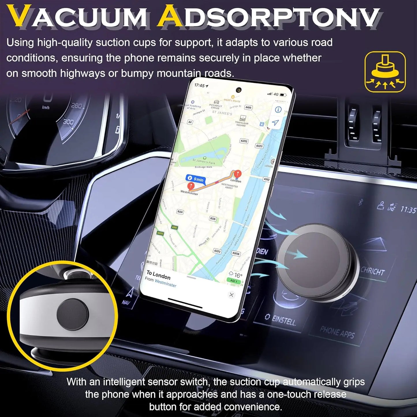 Support de voiture magnétique sous vide électrique pour téléphone portable 360 °   Rotation Forte Ventouse pour iPhone 14 15 16 Support mains libres