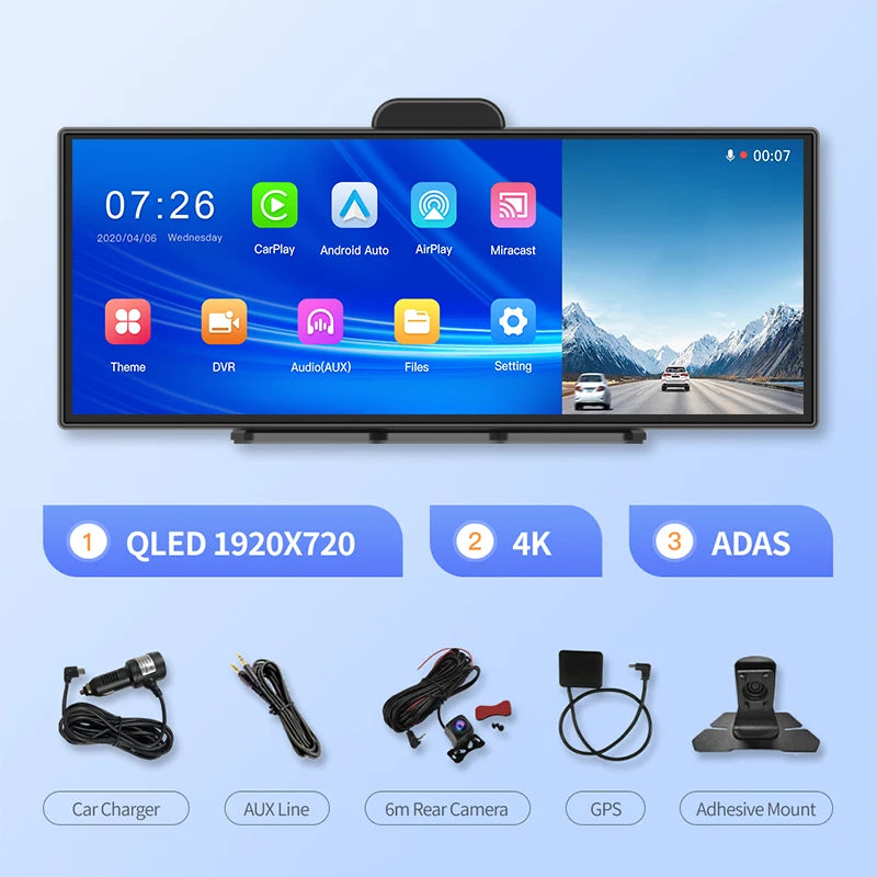 Imagebon amélioré 11,4′′ H70 Pro 4K ADAS Écran intégré pour voiture DVR sans fil CarPlay et Android Auto Vision nocturne GPS Caméra de tableau de bord
