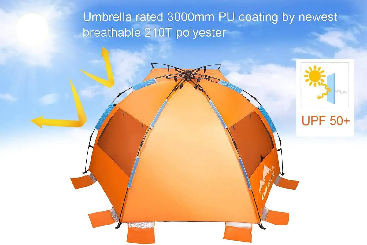 Tente de plage extra large pour 4 personnes - Abri solaire portable avec sac de transport, piquets et poches à sable pour le camping, la randonnée et la pêche