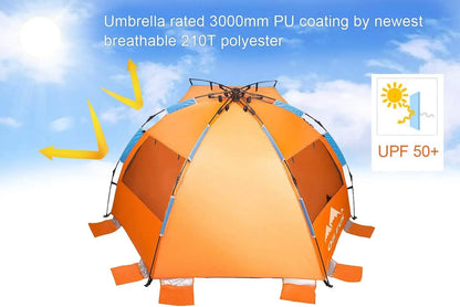 Tente de plage extra large pour 4 personnes - Abri solaire portable avec sac de transport, piquets et poches à sable pour le camping, la randonnée et la pêche