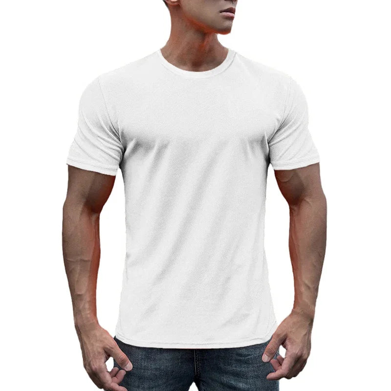 T-shirt en maille à manches courtes pour hommes, séchage rapide, uni, respirant, course à pied, gym, fitness, vêtements de sport, entraînement en Y, été