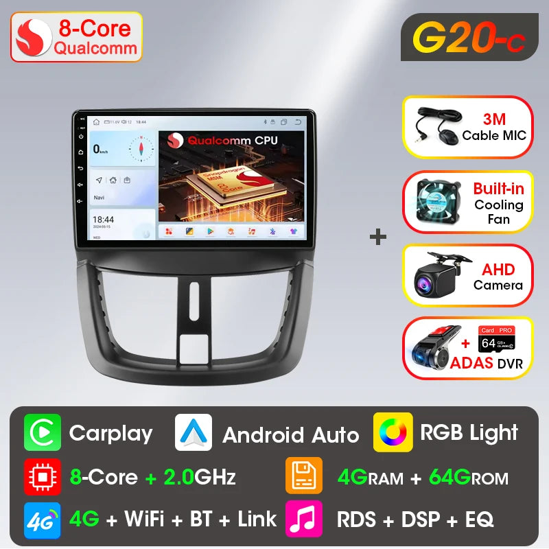Autoradio Carplay sans fil Android pour Peugeot 207 CC 207CC 2006-2015 lecteur multimédia Navigation 2Din unité principale stéréo Auto