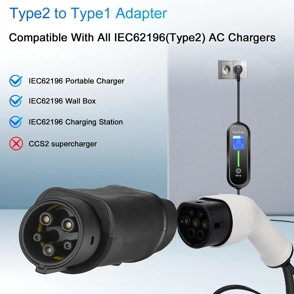 Adaptateur de Type 1 à Type 2, chargeur de véhicule électrique, adaptateur AC de Type 2 à Type 1, convertisseur de charge EVSE pour voitures électriques