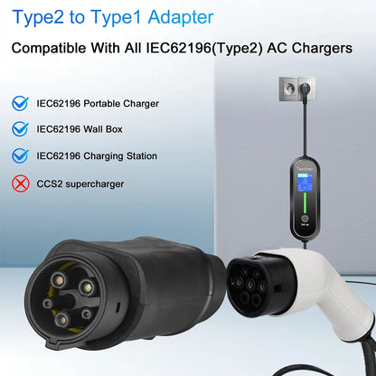 Adaptateur de Type 1 à Type 2, chargeur de véhicule électrique, adaptateur AC de Type 2 à Type 1, convertisseur de charge EVSE pour voitures électriques