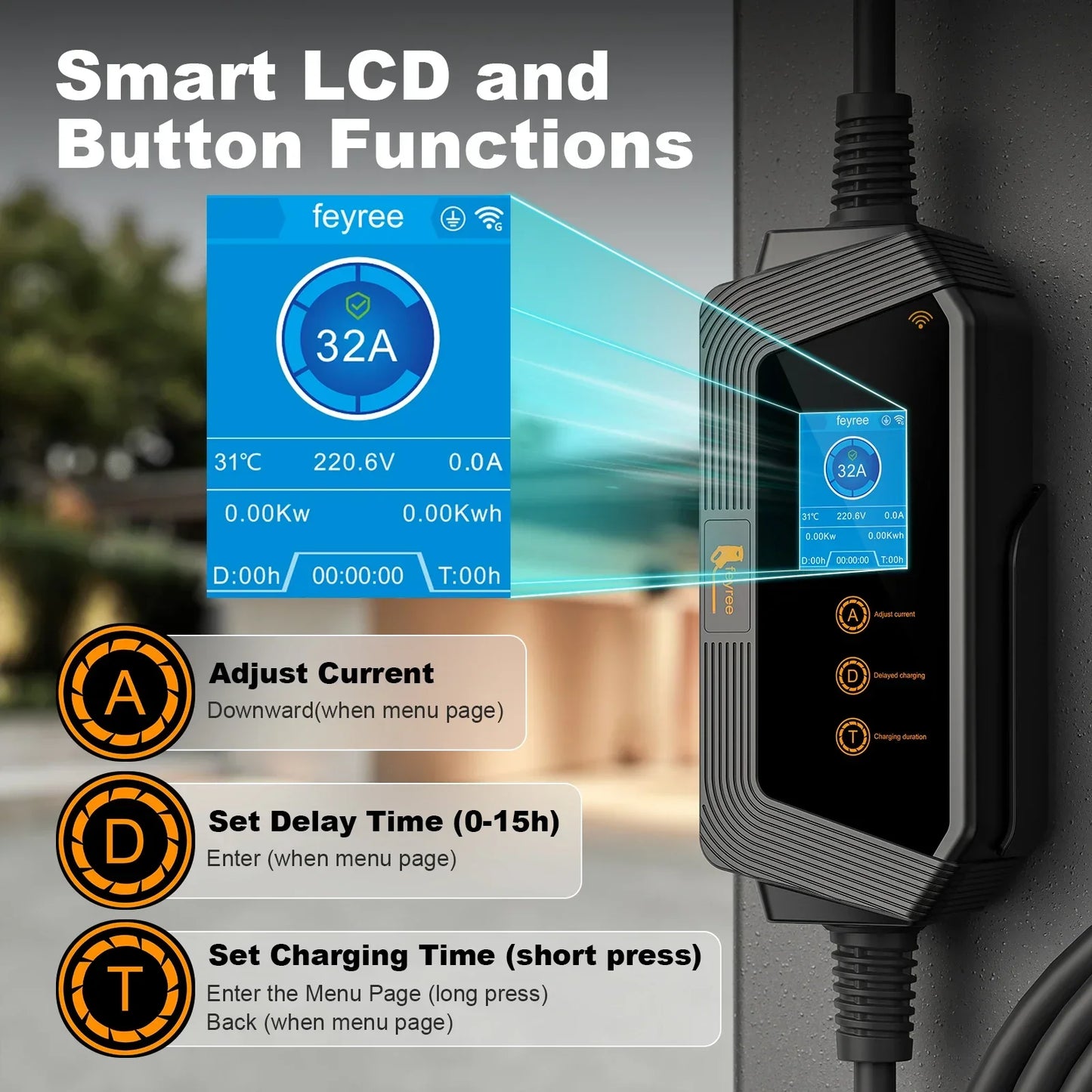 Fey123-Chargeur EV Portable pour Véhicule Électrique, Prise J1772 avec Câble de 5m, Version de Contrôle Intelligente, Wifi, 7KW, 32A, 1Phase