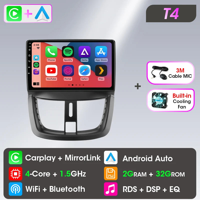 Autoradio Carplay sans fil Android pour Peugeot 207 CC 207CC 2006-2015 lecteur multimédia Navigation 2Din unité principale stéréo Auto