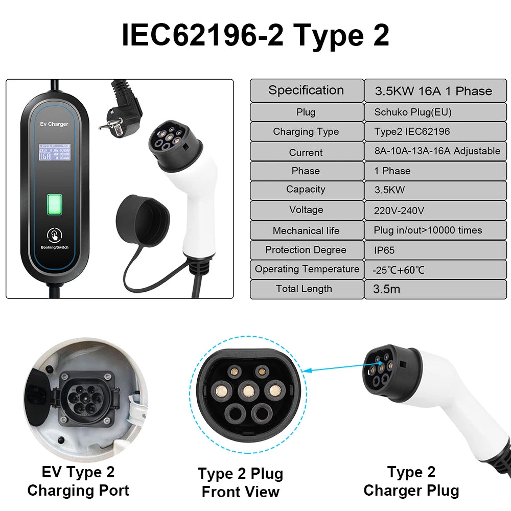 Teschev 3.5KW 16A EV chargeur Portable Type2 EVSE boîte de charge chargeur de voiture électrique J1772 Type1 chargeur de véhicule électrique