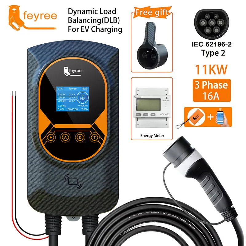شاحن Feyree EV Type2 كابل 32 أمبير 7.6 كيلو واط شحن ديناميكي موازنة Wallbox EVSE وظيفة التطبيق 11 كيلو واط 22 كيلو واط محطة شحن سيارة كهربائية