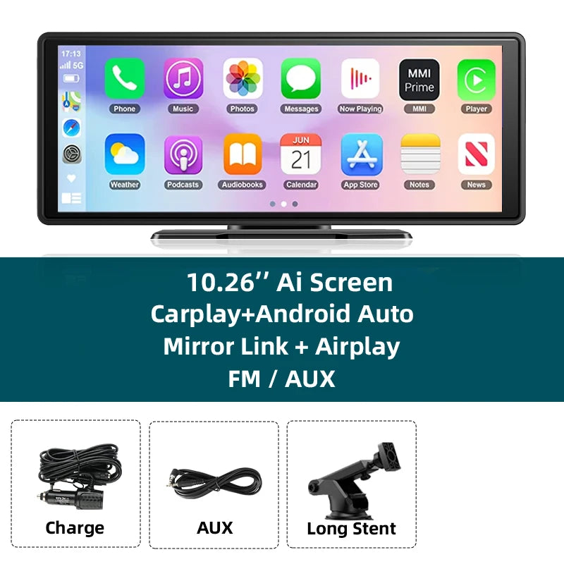 Écran Carplay sans fil portable, caméra de recul arrière HD, autoradio DVR, lecteur vidéo MP5, Android Auto, 10.26 pouces