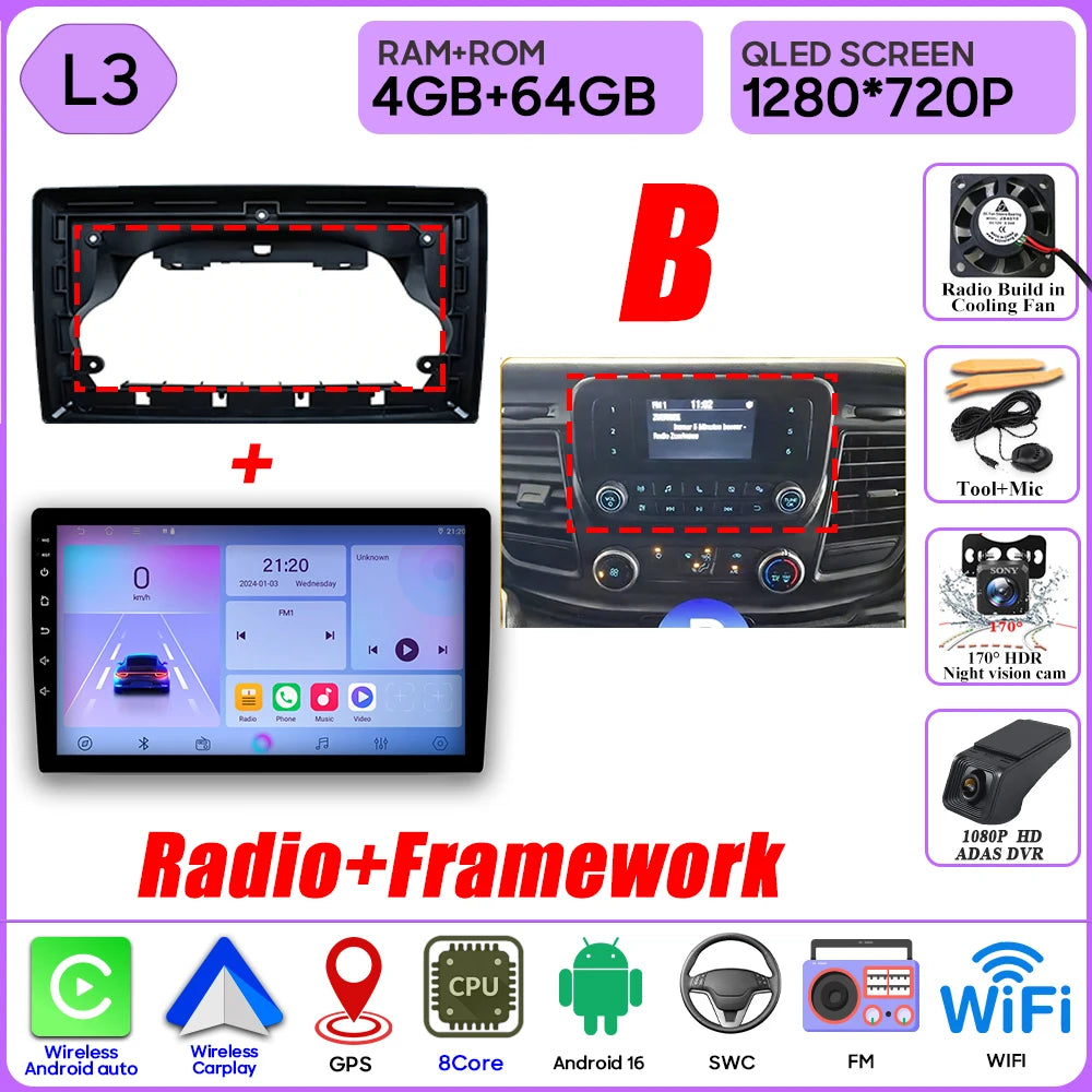 Autoradio Android 16 pour Ford Transit personnalisé Transit V363 350 lecteur multimédia Carplay Navigation GPS 4G Wifi vidéo stéréo 2din