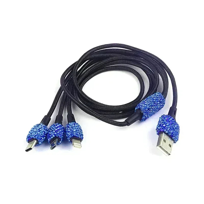Chargeur de voiture USB rose cristal diamant 5V 2,1 a, double Port, adaptateur de charge rapide, câble 3 en 1 pour IPhone Samsung Huawei
