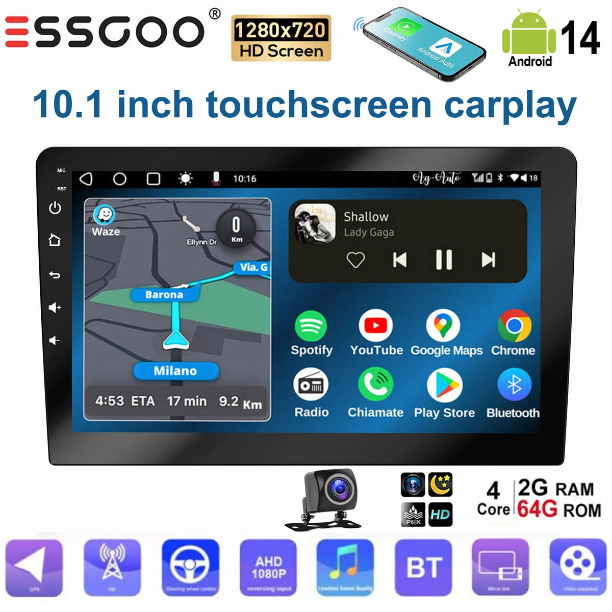 ESSGOO Écran Tactile 10.1 Pouces 2 DIN 2+64GB/4+64GB Autoradio Android 14 Carplay Sans Fil Android Auto GPS Navigation WiFi FM RDS Entrée Caméra Arrière Contrôle du Volant Mirror Link Bluetooth Écran Divisé USB
